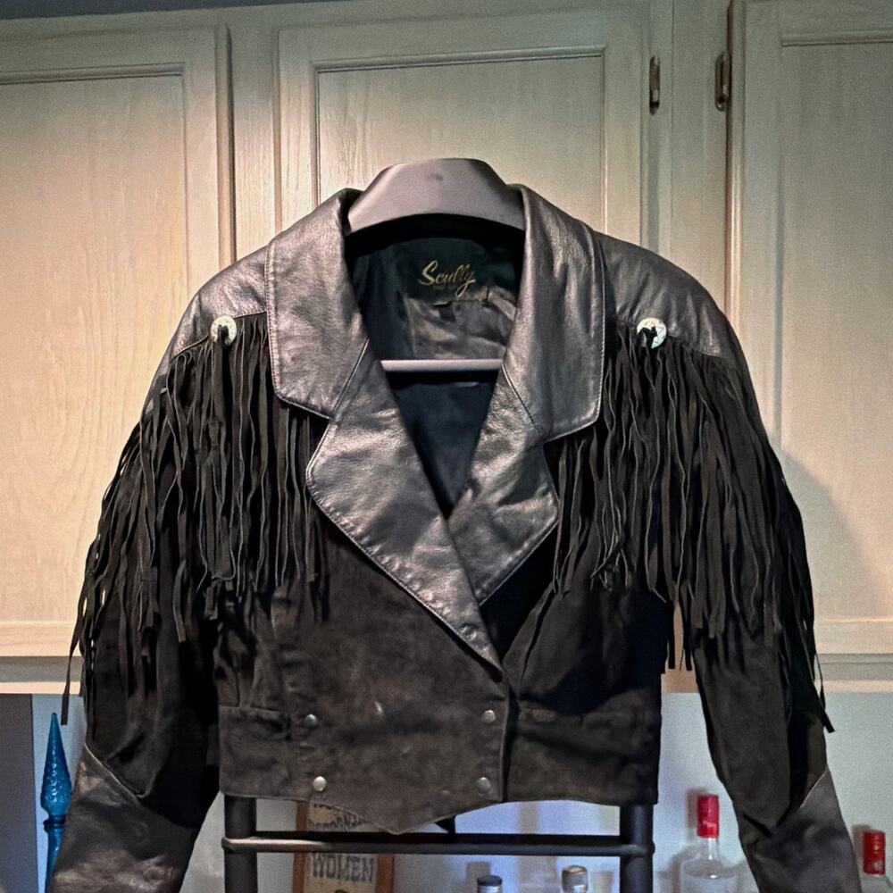 Vintage Scully Women's Black Leather Suede Fringe Western Snap Jacket Size 10